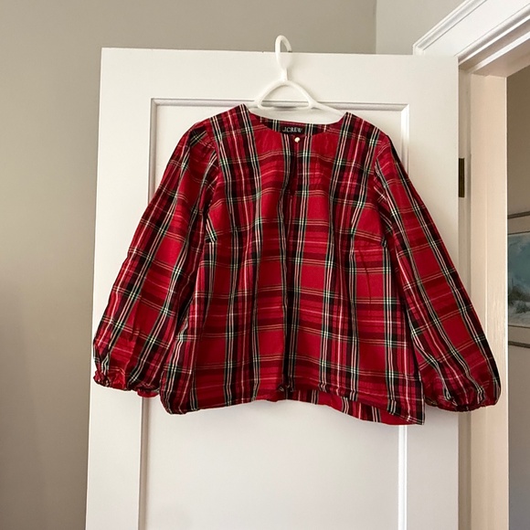 J.Crew XXL Red Tartan Plaid Puff-Sleeve Holiday Blouse - Picture 1 of 5